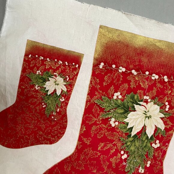 Vintage Cut and Sew Christmas Stockings Red Poinsettia Flower Gold Holly #K1 - Picture 9 of 11